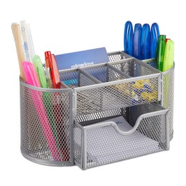 Relaxdays Metal Desk Organiser, Office Tray with Pen Holder and Drawer, H x W x D: 10.5 x 22 x 11 cm