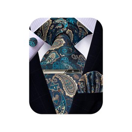 ROBERTO GABBANI Mens Dark Green Tie and Pocket Square Set, Silk Paisley Tie Handkerchief Cufflinks and Clip Set for Men