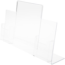 Plymor Clear Acrylic Slanted-Back Countertop Sign Holder with Tri-Fold Brochure Pocket on Right & Left, 11" H x 13" W x 5" D (2 Pack)