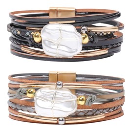 ZAGQIG 2pcs Leather Bracelets for Women Men,Boho Multi-layer Wrap Pearl Cuff Bracelets Stackable Fashion Jewelry