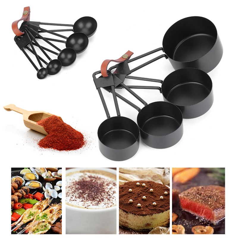 9PCS Black Stainless Steel Measuring Cups Set Coffee Spoon with