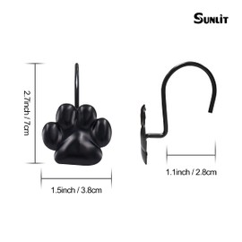 Sunlit Fashion Design Cute Paw Print Polished Shower Curtain Hooks for Dog Cat and Bear, Rust Proof Oil Metal Shower Curtain Rings, Black-12 Pack