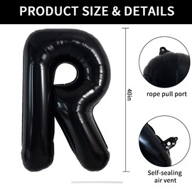 TONIFUL 40 Inch Large Black R Letter Balloons Jumbo Helium Balloons,Foil Mylar Big Alphabet Balloons for Birthday Party Anniversary Valentine's Day Supplies Decorations