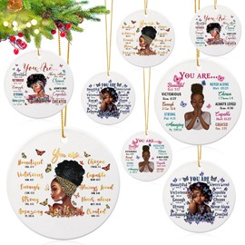 Reallnaive 8 Sets African American Christmas Decoration Ornaments for Tree Double Sided Bible Verse Ceramic Ornaments You are Loved Christian Religious Gifts for Black Girls Women Friends