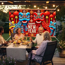 BlissYard 2026 Lunar New Year Backdrop 71 x 43 Inch Chinese Lion Dance Gold Red Party Decor Banner Oriental Festival Photo Backdrop for Spring Celebration Holiday Wall Hanging Indoor Outdoor Banner