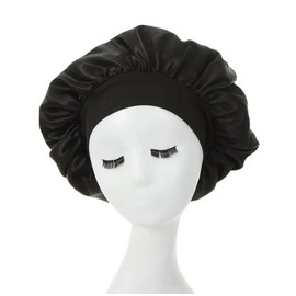 2 PCS Wide Band Satin Bonnet Cap, Soft Silk Night Sleep Hair Cap, Elastic Silky Head Cover, Wide Band Satin Hair Wrap (Black)