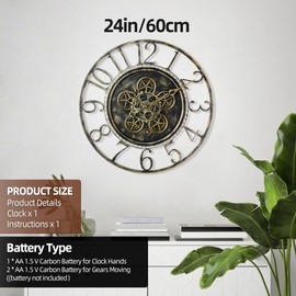 Maxstar Large Moving Gear Wall Clock for Living Room Decor,Vintage Industrial Steampunk,Metal Wall Clock Decorative for Home Office, Dinning Room,Farmhouse(Antique Brass,Arabic Number,24 INCH)
