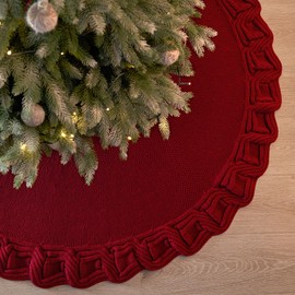 DEMIUKO Christmas Tree Skirt Red 48 Inch Xmas Tree Skirt 3D Knitted Floor Mat Soft Woven Pine Tree Base Cover Mat Petals Ruffled Christmas Tree Decorations for Home Party Festival Holiday (122cm)