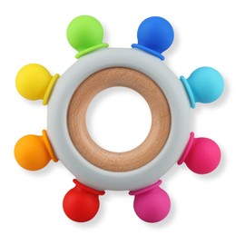 Baby Teething Toys, Silicone Chewable Rings with Organic Wooden, Natural Wooden Ring & Silicone Teething Toys for Newborn, 3+ Months (8 Directions, Rainbow)