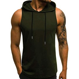 Babioboa Men's Workout Hooded Tank Tops Lightweight Athletic Sleeveless Shirts Running Gym Training Quick Dry Army Green