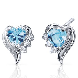 Peora Swiss Blue Topaz Angel Wing Earrings 925 Sterling Silver, Genuine Gemstone, 1 Carat Total, Heart Shape, 5mm, Hypoallergenic, Friction Backs, Sparkling Blue Gem Earrings,