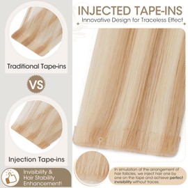 Elailite Injected Tape in Hair Extensions Human Hair - Invisible Skin Weft Remy Natural Real Hair Extension Straight 10 Pcs 20g - #27/613 Dark Blonde Mix Bleach Blonde - 12 Inch