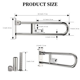 Toilet Grab Bar 30.3 Inch, YuanDe Flip Up Grab Bar with Paper Holder, Polished Chrome Anti-Slip Safety Bars for Toilet, Stainless Steel Knurled Toilet Handles for Seniors Disabled Elderly Pregnant