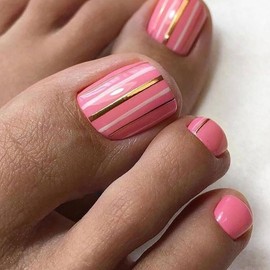 Vezocim Press on Toenails with Gold White Line Designs, 24Pcs Pink Artificial Short Fake Toenails, Glossy Full Cover Acrylic False Nails for Toe, Glue Toenails with Charm for Women