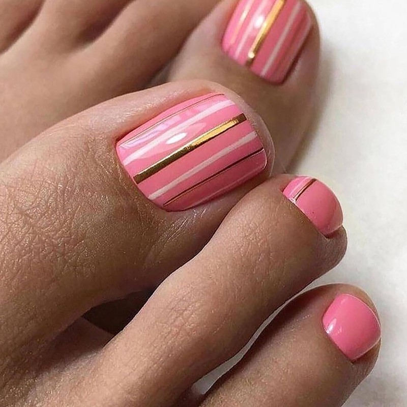 Vezocim Press on Toenails with Gold White Line Designs, 24Pcs