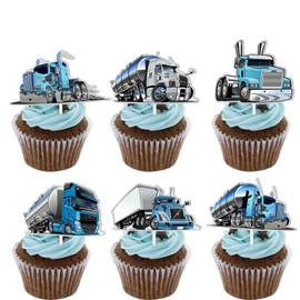 18pcs Blue Glitter Dessert Cupcake Topper Truck Car Transportation Vehicle Theme Decor Supplies Baby Shower Boys Girls Happy Birthday Party Decorations