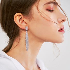 BriLove Long Earrings for Women Elegant Rhinestone Crystal Attractive Bride Beaded Dangle Pierced Bling Clear Silver-Tone