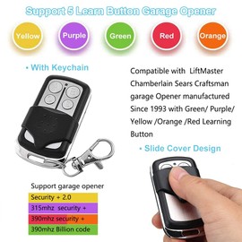 Universal Garage Door Remote with Keychain Works Chamberlain Liftmaster Craftsman Opener with Purple/Orange/Red/Yellow/Green Learn Button and 310/315/390mhz Control 4 Doors,2 Pack