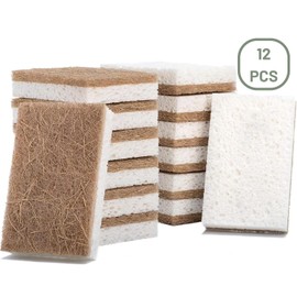 12 Pack Natural Kitchen Sponge - 12 Pcs Plant Based Sponge - Biodegradable Compostable Cellulose and Coconut Scrubber - Pack of 12 Eco Friendly Sponges for Dishes, Kitchen, Bathroom, Household -BRELTY