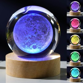3D Moon Crystal Ball with LED Colorful Lighting Touch Base, Moon Decor Science Astronomy Gifts God Bless The World Easter Religious Space Gifts Decor