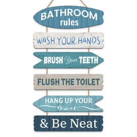 decalmile 6 Pieces Bathroom Rules Wooden Wall Art Rustic Funny Farmhouse Wood Wall Hangings Vintage Wooden Plaque Bathroom Restroom Toilet Wall Decor