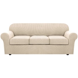 H.VERSAILTEX 4 Piece Stretch Couch Covers for 3 Cushion Couch Sofa Furniture Slipcovers Feature Upgraded Thicker Jacquard Fabric (Sofa, Natural)