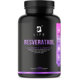 B Life Resveratrol 200 Cápsulas | Antioxidante de 1000 mg por porción | Pimienta negra, Uva Roja, Acai y Vitamina C. Ingredientes Naturales