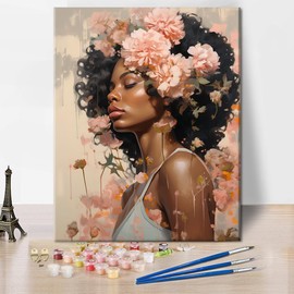 TUMOVO Frameless Paint by Numbers Kit for Beginners Black Girl with Flowers Oil Painting Set with Brushes and Pigment for Adults Acrylic Simple DIY Paint by Numbers Woman and Flowers 16x20 Inch