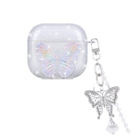 DiyGody Glitter Case for AirPods 4th Generation with Crystal Butterfly Keychain, Pretty Cute Bling Colorful Butterfly TPU Shockproof Protective Skin Cover for Airpods 4 for Women Girls