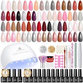 Peacecolor 39pc Gel Nail Polish Kit with U V Light, Pink Brown Nude Dark Red 22 Colors Pastel Gel Polish Kit with Base Top Coat Matte Glossy French Nail Art for Beginners Manicure DIY