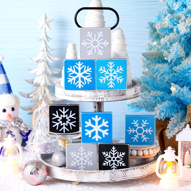 8 Pcs Snowflake Wooden Signs Winter Tiered Tray Decor Christmas