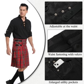 Giftdigger Black Tartan Utility Kilt with Pockets - Adjustable Buckle Straps for Men, Size XL (Fits Waist 37.8-41.7), Perfect for Casual Wear