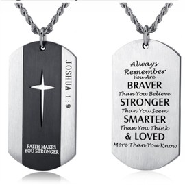 Men's Bible Verse Cross Joshua 1:9 Necklace Stainless Steel Anchor Dog Tag Christians Isaiah 41:10 Pendant Necklace, You Are Braver Than You Believe Jewelry for Birthday Christmas (Braver-Silver)