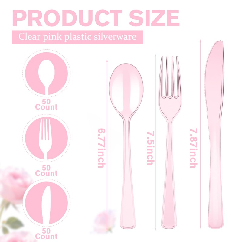 150 Pack Clear Pink Disposable Plastic Silverware Heavy Duty, Plastic