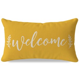 PANDICORN Farmhouse Welcome Throw Pillow Cover 12x20 Inch Yellow Outdoor Spring Summer Front Porch Patio Decorations Lumbar Decorative Cushion Case for Home Living Room Bedroom Couch Bench Decor