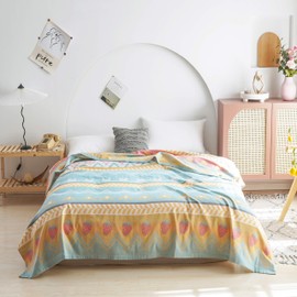 MEJU Boho Bunny Rabbit Green Muslin Lightweight Summer Blanket Throw for Bed Sofa Couch, 100% Combed Cotton 2 Layer Soft Warm Quick Dry Throw Blanket Bed Coverlet Sheet Full Queen 80 in X 90 in