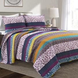 Lush Decor Boho Stripe Reversible Cotton Quilt 3-Piece Set, King, Plum & Yellow - Bold Colorful Bohemian Bedding Set
