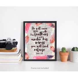 Psalms 91:4 Wall Art Prints - Unframed 8x10 in - Bible Verse Decor with Christian Sayings for Home Office - Pictures with God Quotes and Positive Massage - He Will Cover You With His Feathers