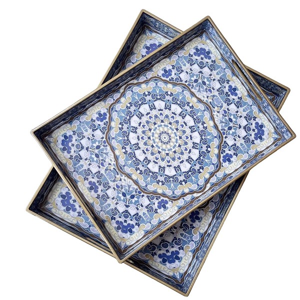 Umisriro Boho Decorative Tray, Modern Blue Serving Tray with Handles,