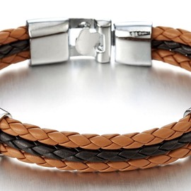COOLSTEELANDBEYOND Black Brown Three Strand Rows Braided Leather Bracelet for Mens Womens