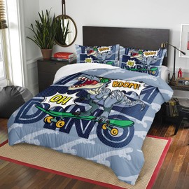 AILONEN Dinosaur Comforter Set, Twin Size, Bedding Set Decor, Music Hip Hop Dinosaur Bed in a Bag for Boys Kids - 3 Pieces Blue Comforter and 2 Pillowcases