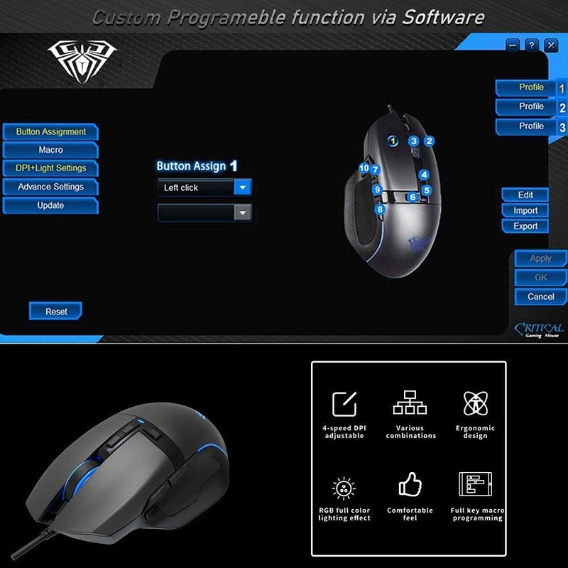 Aula F808 RGB Optical Wired Gaming Mouse with 4-Speed DPI,