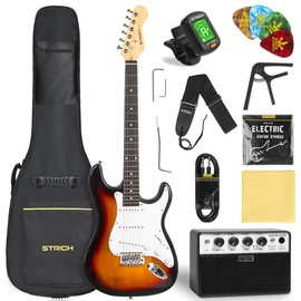 STRICH 39" Electric Guitar Beginner Kit, SSS Pickup, 10W Amp, Bag, Tuner, Capo, Strap, Strings, Cable, Picks, SST-S10 Black - Color: Sunburst
