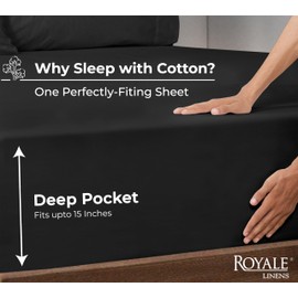 Royale Linens 100% Organic Cotton Fitted Sheet - Percale Weave - Super Soft Deep Pocket Bottom Sheets - Black Elastic Sheet Twin XL Size - Twin XL Fitted Sheets Only - (39"x80"+15", Black)