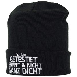 EXPRESS-STICKEREI Knitted CV Warm Winter Hat/Wool Hat Unisex Men Women Cap/Sailor Hat/Roll Hat Work Hat Beanie Cap Fine Knit with Saying | One Size Streetwear, Black/I am tested vaccinated and not