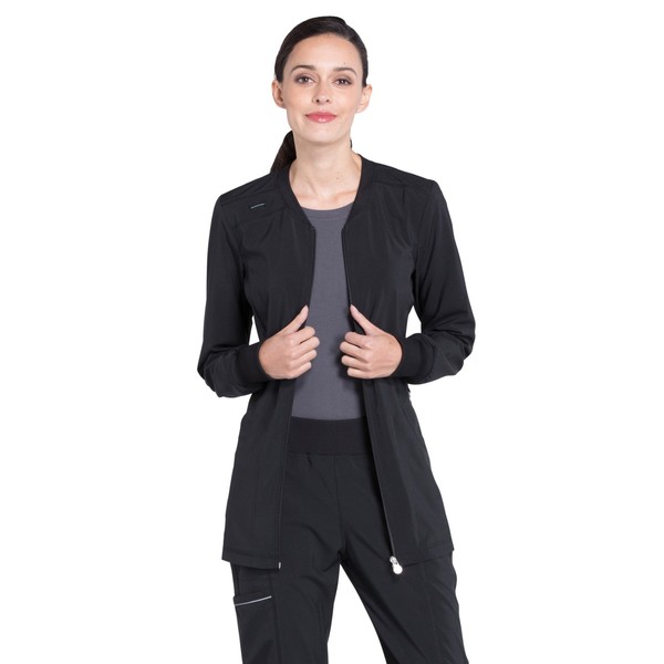 Cherokee Zip Front Womens Scrub Jacket 4-way Stretch with Lightweight, Superior Performance and Comfort, Infinity CK370A, M, Black