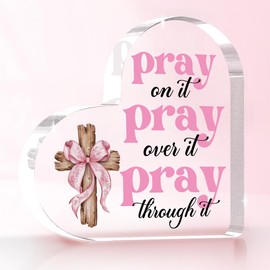 Inspirational Pink Room Decor, Pink Bow Dorm Room Decor for Women, Pray Over It Bible Verse Wall Art Christian Gifts for Women, Acrylic Heart Decoration Sign for Home Office Desk Bedroom
