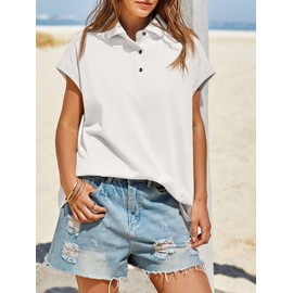 Tankaneo Womens Oversized Cap Sleeve Polo Shirts Summer Casual V Neck Tops Loose Fit Collared Cotton Tee Shirts White