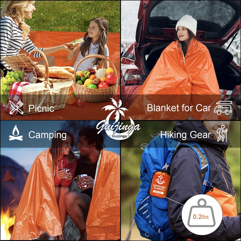 Guijinga 3-Pack Emergency Blanket, Extra-Thick Extra-Large Survival Blanket, Thermal Reflective