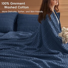 PHF 100% Cotton Waffle Weave Blanket King Size for Bed, Soft Lightweight & Breathable, All-Season Comfort, 300 GSM Luxury Aesthetic Blanket for Home Decor, 108"x90", Blue Sapphire